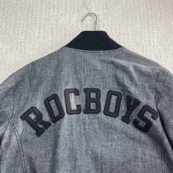 Rocawear Jacket Dark Denim Varsity Bomber Embroidered Sports Y2K Retro Men M - Picture 14 of 15